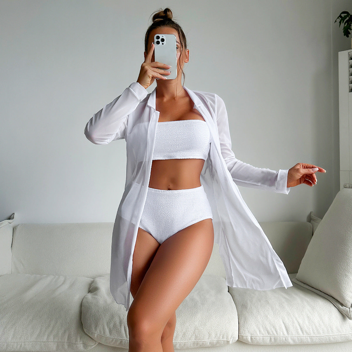Swimsuit Women's Split High Waist Solid Color Bikini Internet Celebrity Blouse Long Sleeve Swimsuit Bella Mia